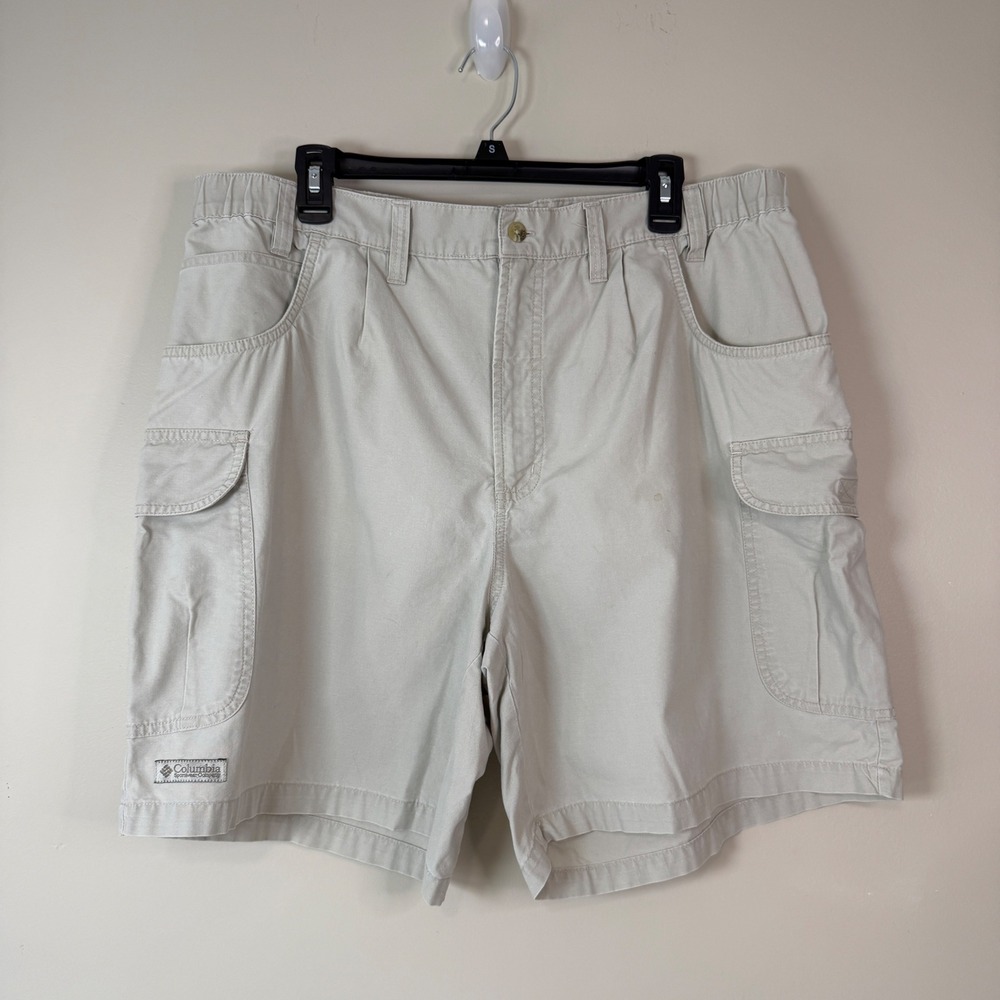 Columbia Mens Cargo Shorts Khaki Tan Elastic Waist Hiking Utility 38 Outdoor